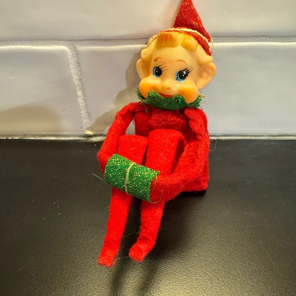 Vintage Knee Hugger Elf Christmas Decor Red 8 Inch Mid Century Pixie Toy